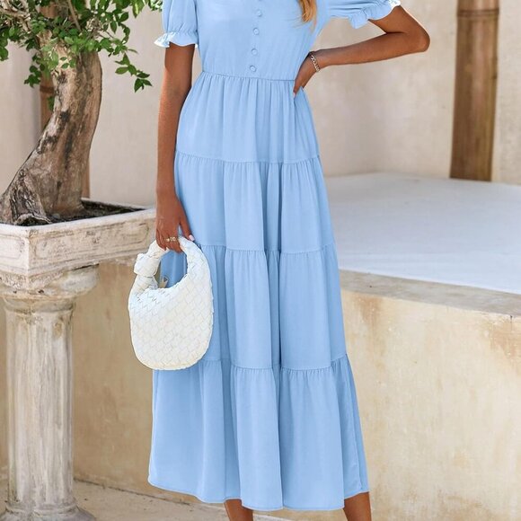 Women's Summer Casual Short Sleeve V Neck Midi Dresses 2025 Spring A-line Tiered - Picture 3 of 8